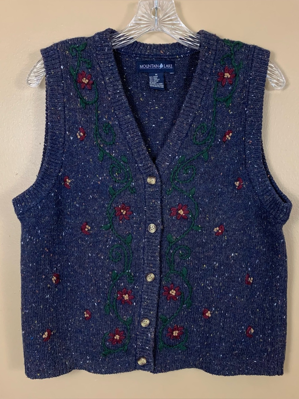 Mountain Lake Womens M Blue Knitted Wool Blend Floral Boho Cottage Sweater Vest